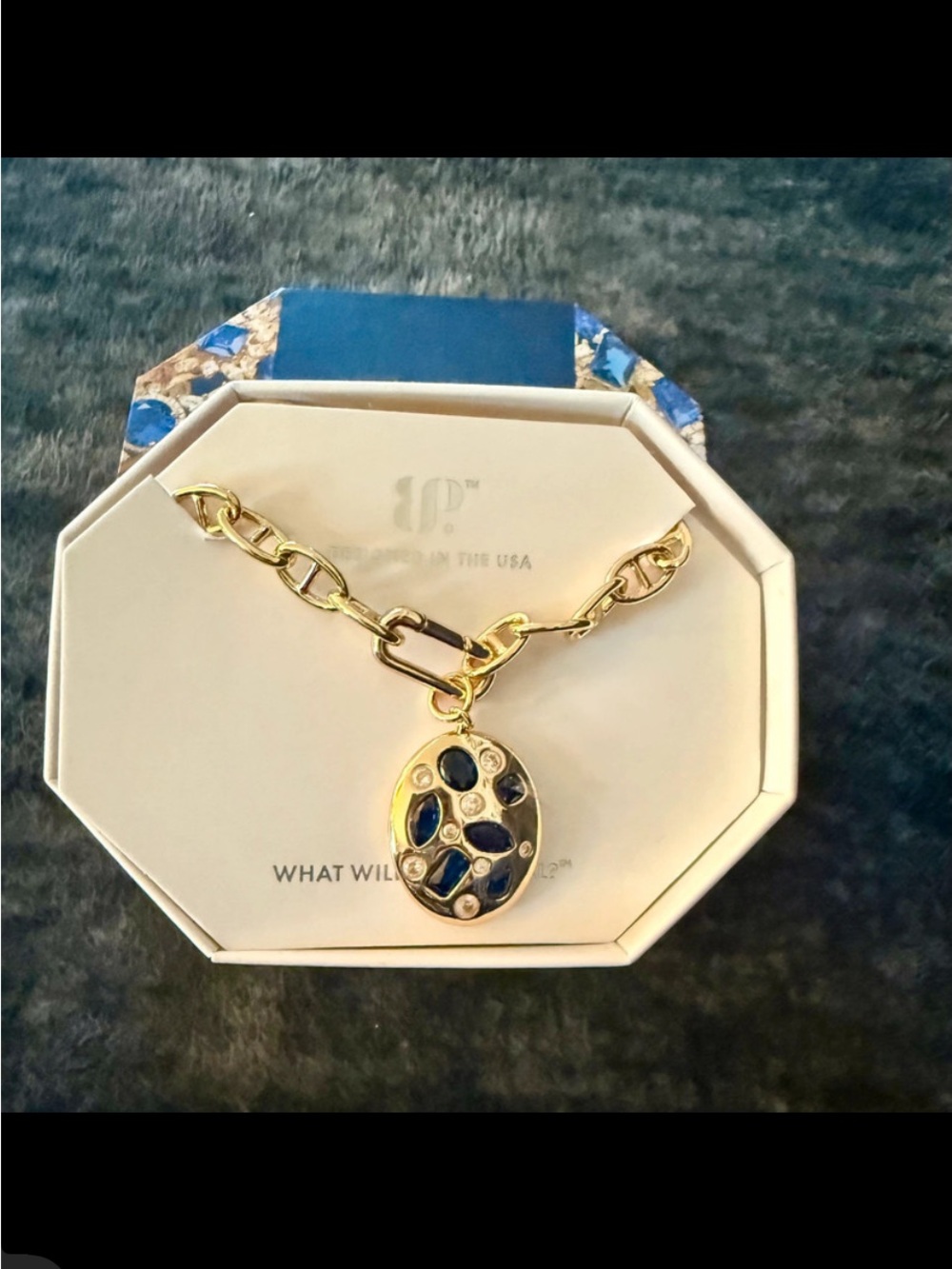 Gold Chain Necklace with Blue Gem Pendant - Women Jewelry